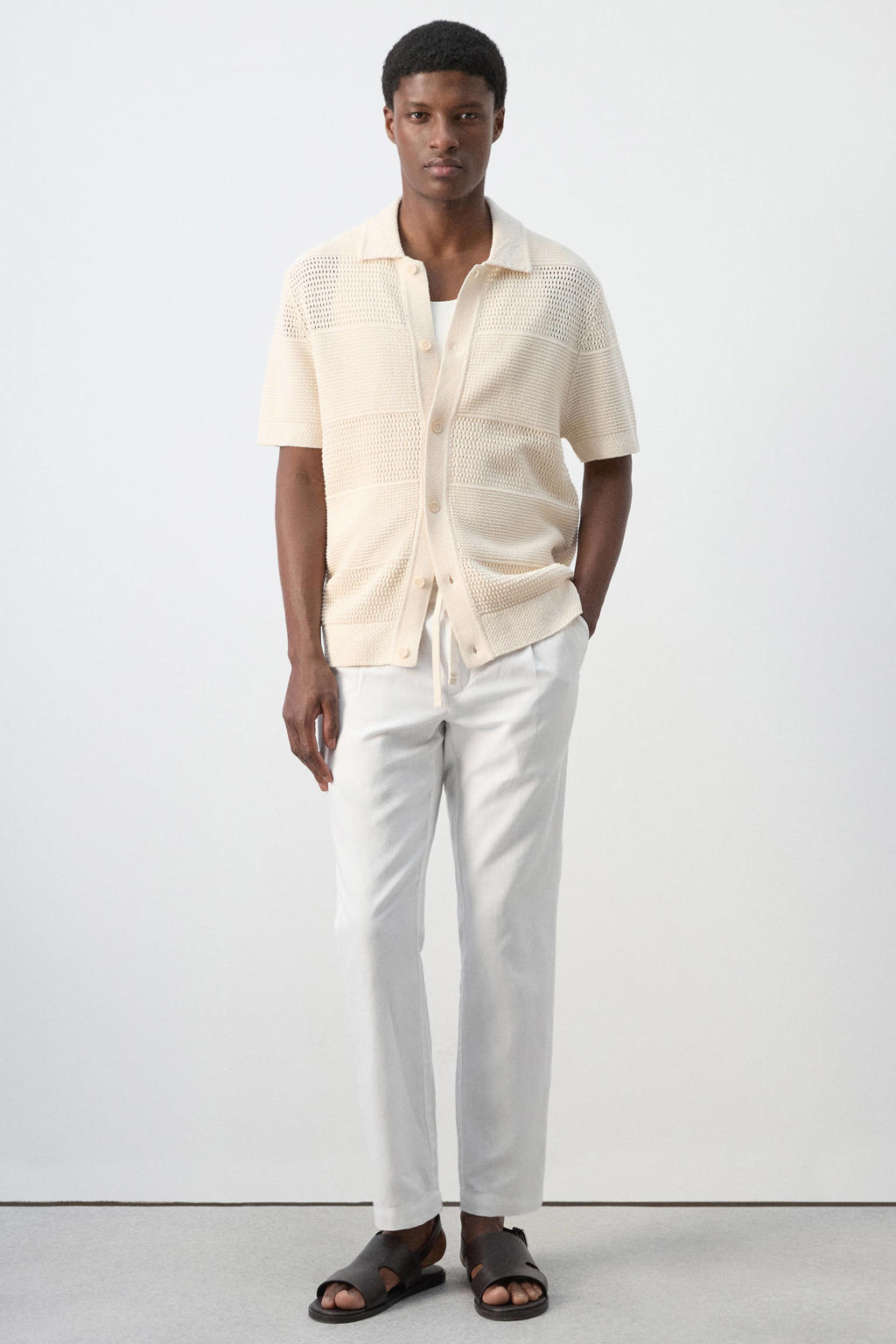 Mango Man slim fit casual broek met linnen - naturel wit