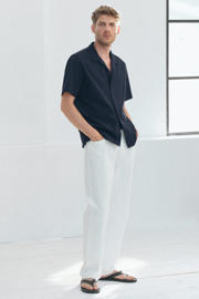 thumbnail: Mango Man slim fit casual broek met linnen - naturel wit