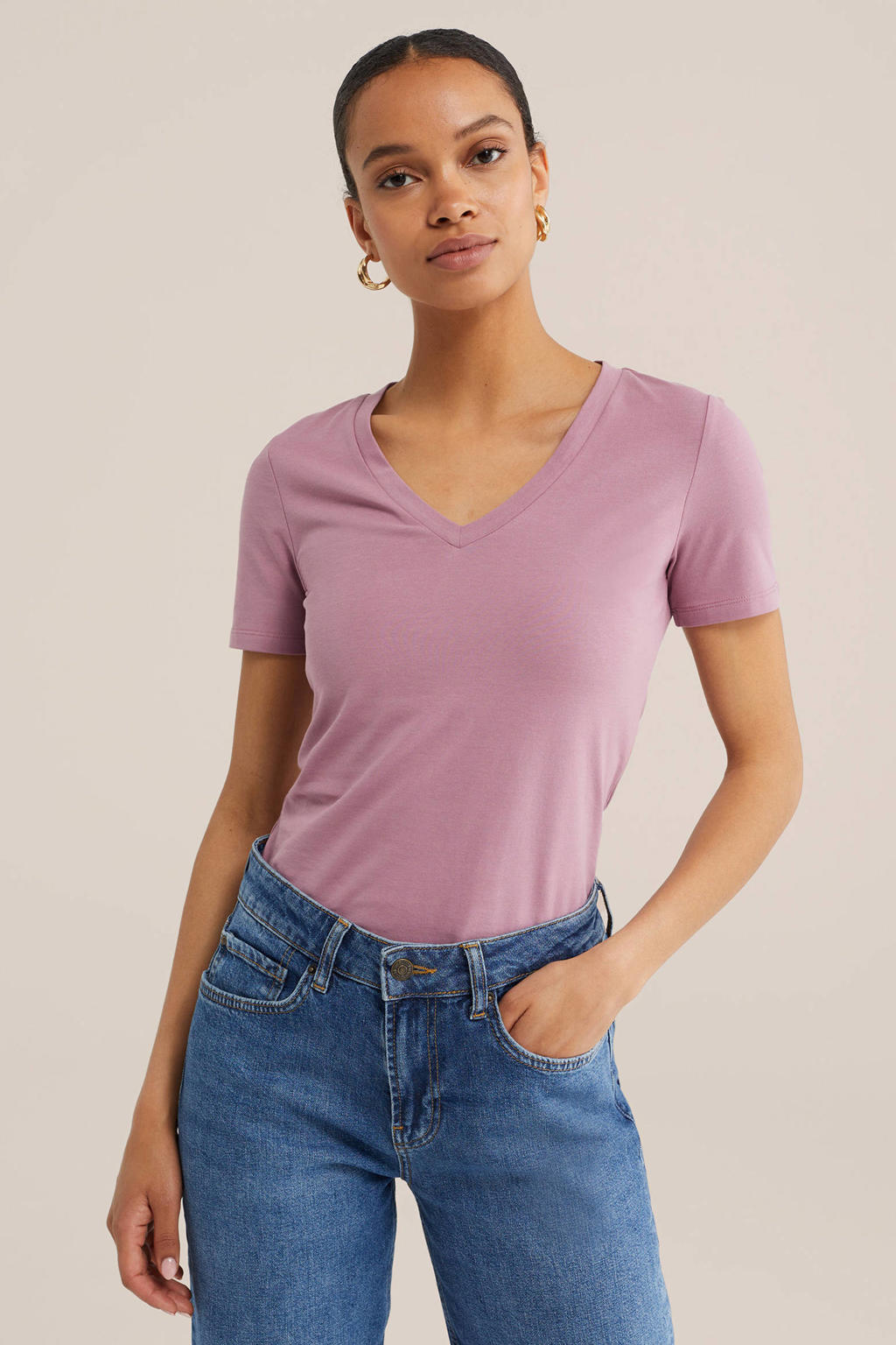 Lichtroze dames WE Fashion basic T-shirt van katoen met effen, korte mouwen en V-hals