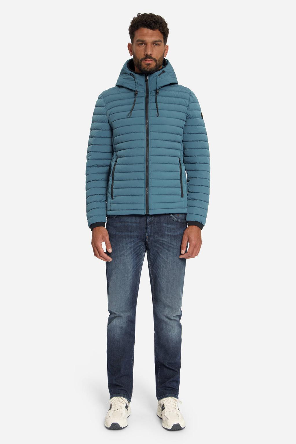 Blauwe heren No Excess gewatteerde jas van polyester met effen, capuchon en ritssluiting