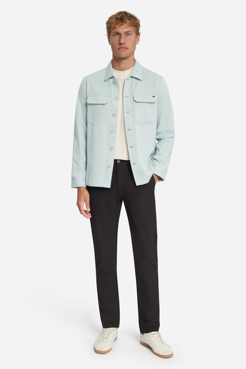 Lichtblauwe heren No Excess viscose twill overshirt met effen, lange mouwen, klassieke kraag en knoopsluiting