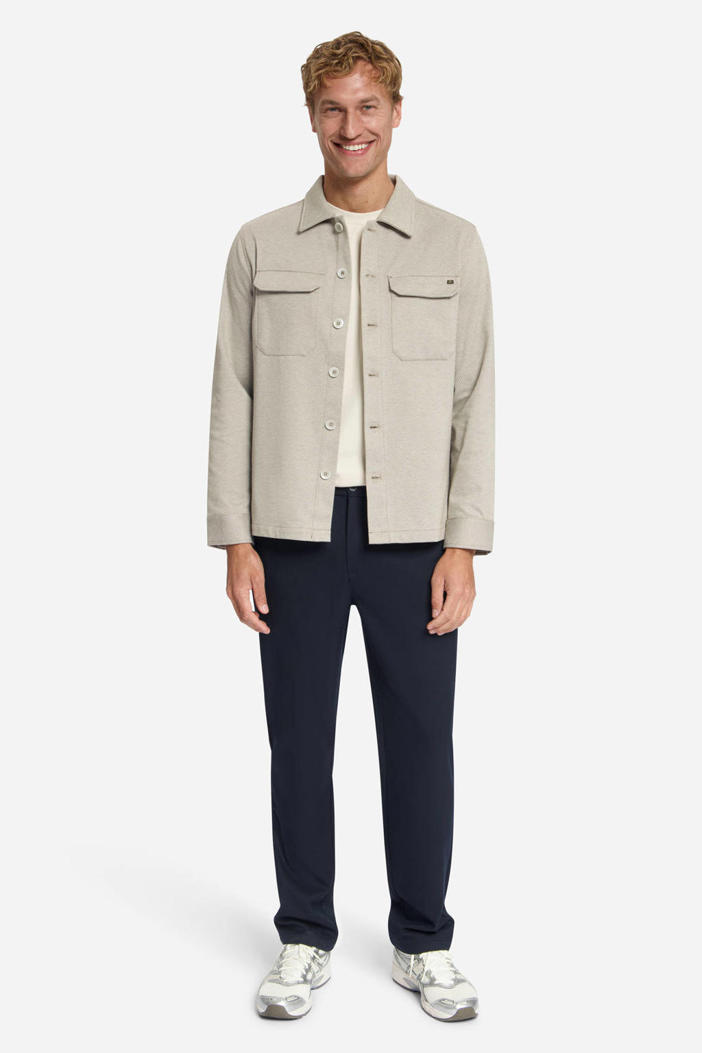 Zandkleurige heren No Excess twill overshirt van viscose met effen, lange mouwen, klassieke kraag en knoopsluiting