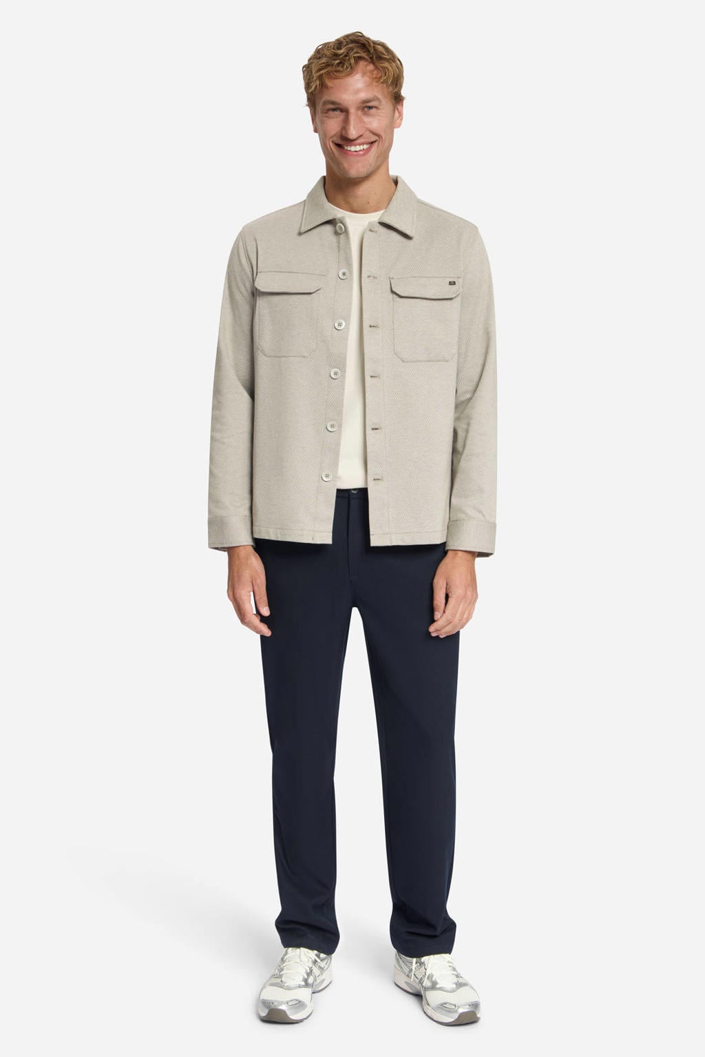 Zandkleurige heren No Excess twill overshirt van viscose met effen, lange mouwen, klassieke kraag en knoopsluiting