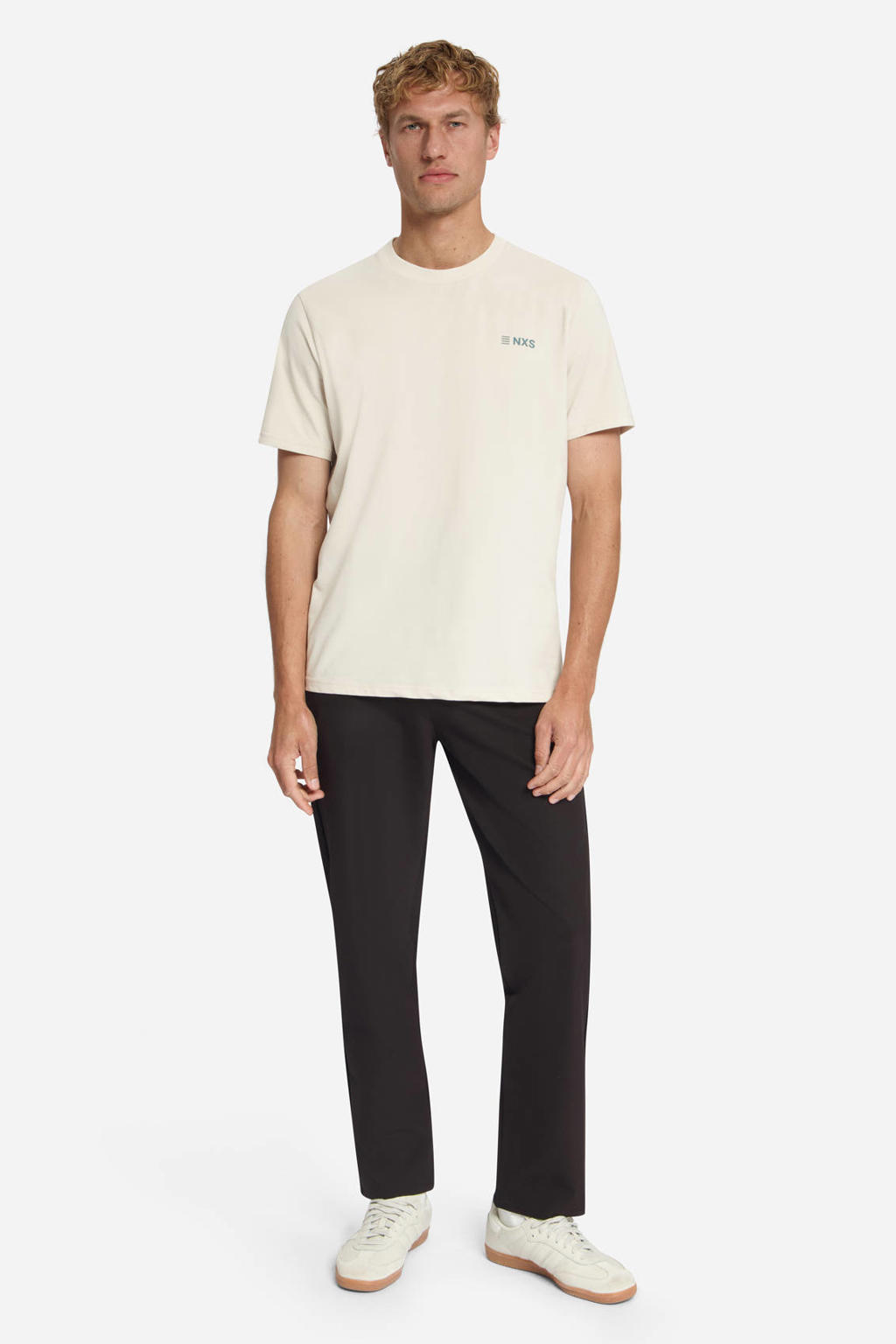 Beige heren No Excess regular fit T-shirt steen van katoen met korte mouwen en ronde hals