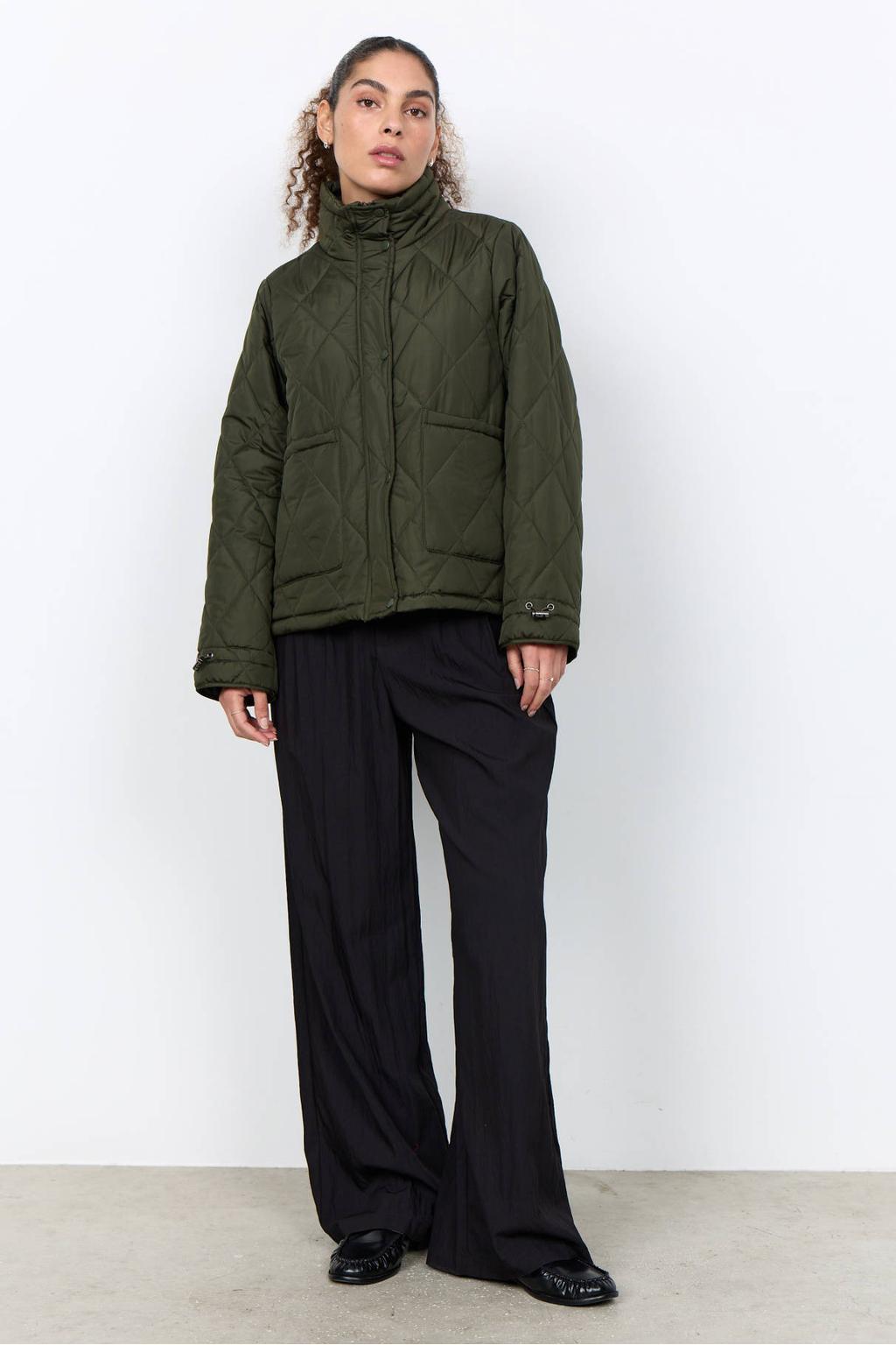 Groene dames Soyaconcept quilted jas van polyester met effen, lange mouwen, opstaande kraag en knoopsluiting