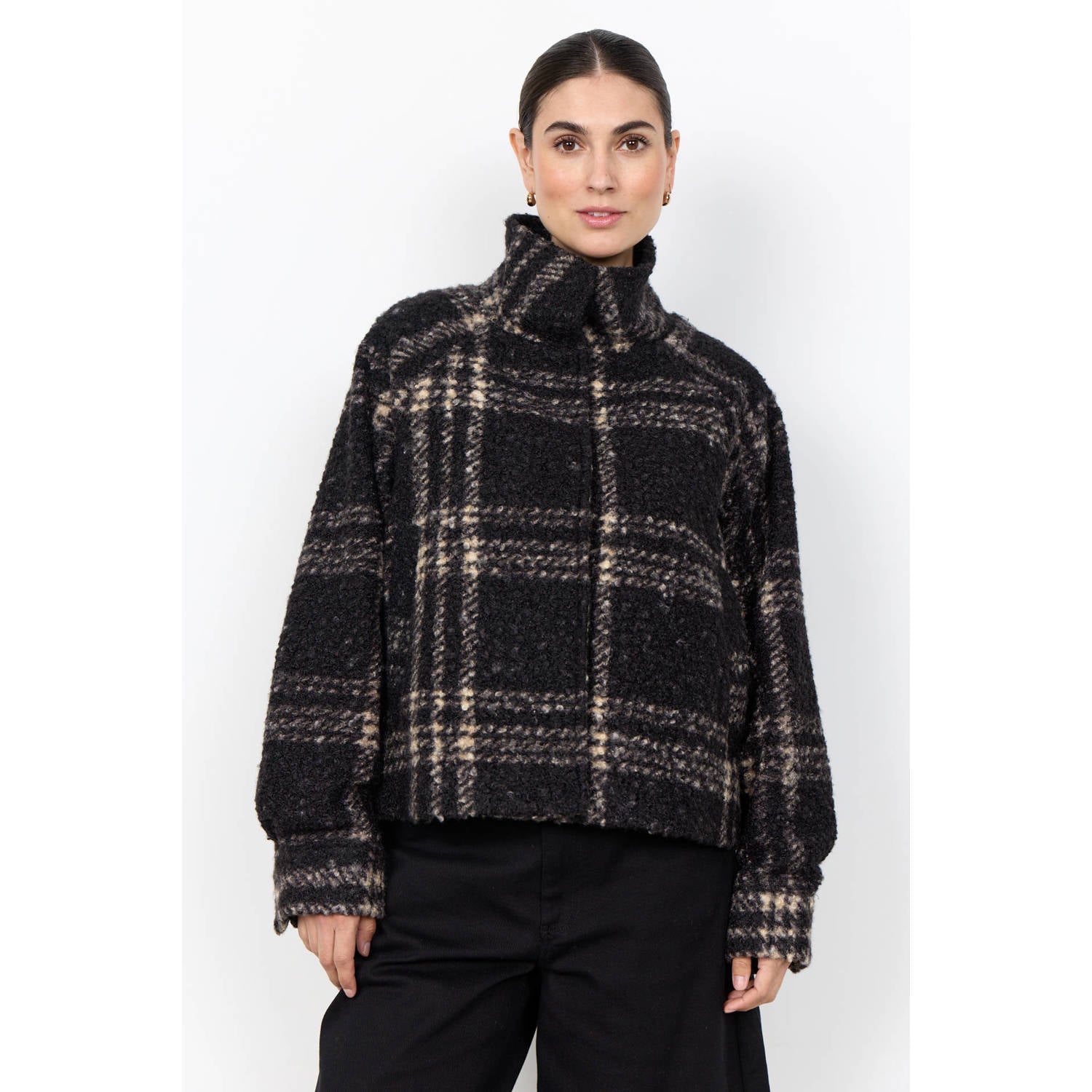 Soyaconcept bouclé geruite teddy jas zwart