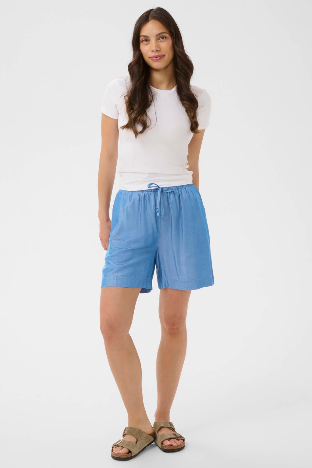 Blauwe dames Saint Tropez regular fit casual short van viscose met elastische tailleband met koord en effen