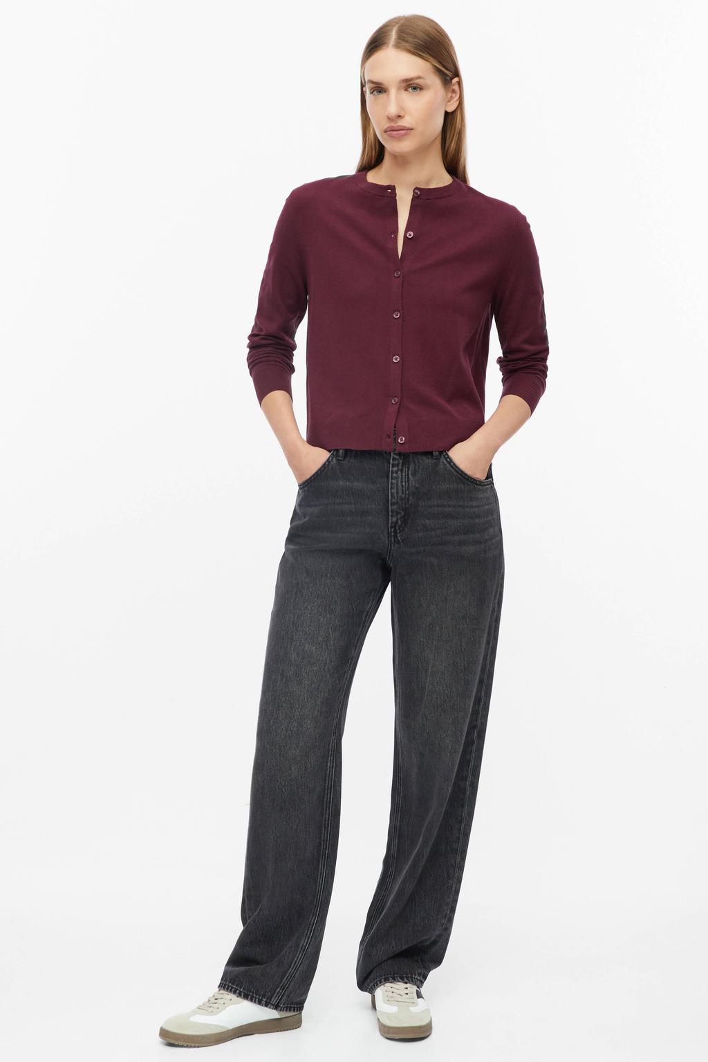 Donkerpaarse dames s.Oliver viscose gebreid vest met effen, lange mouwen, ronde hals en knoopsluiting