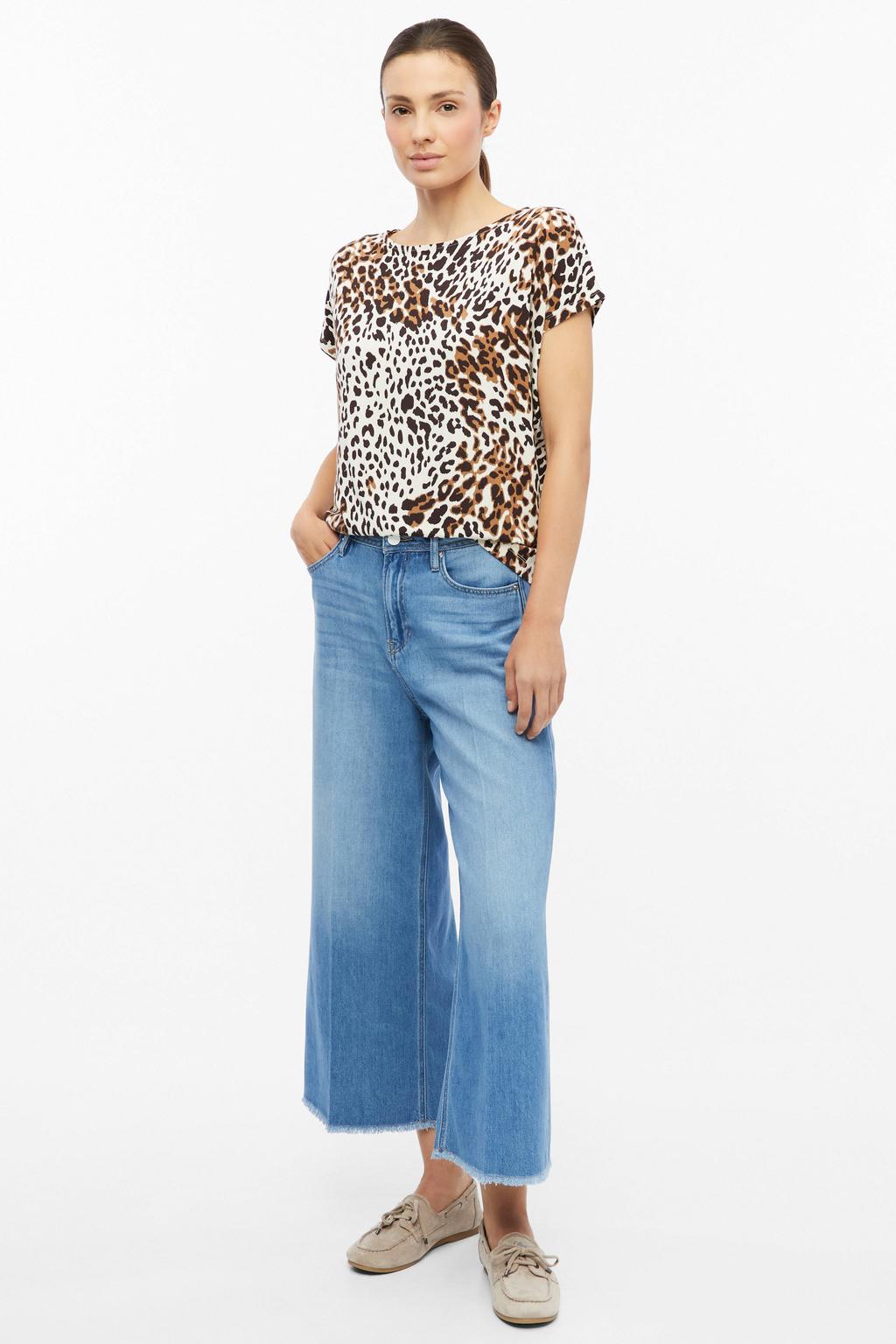 Bruin en witte dames s.Oliver top van viscose met panterprint, korte mouwen en ronde hals
