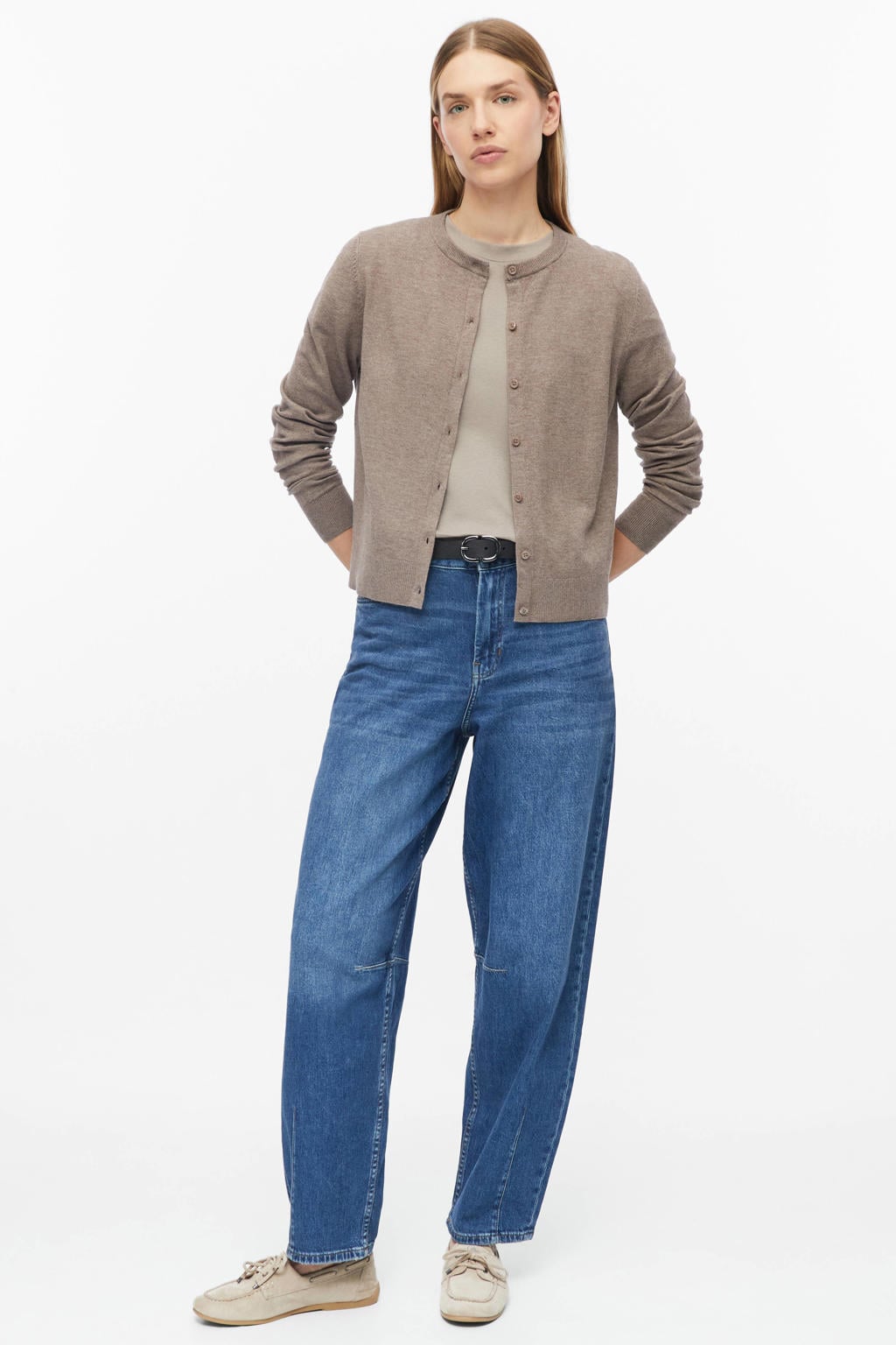 Bruine dames s.Oliver viscose gebreide vest met effen, lange mouwen, ronde hals en knoopsluiting