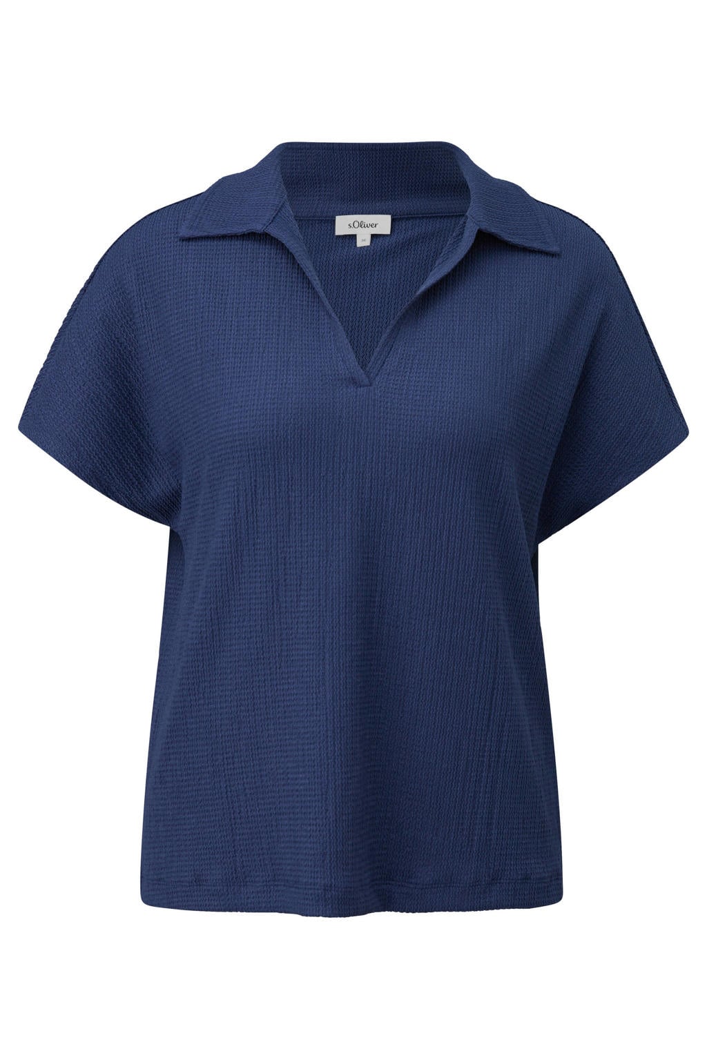 Donkerblauwe dames s.Oliver blouse van polyester met effen, korte mouwen, klassieke kraag en knoopsluiting