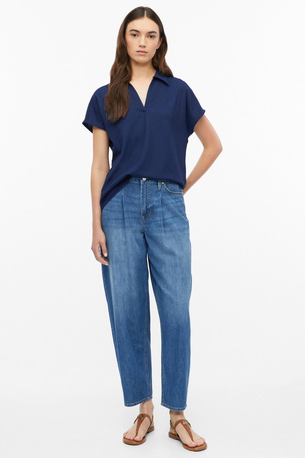 Donkerblauwe dames s.Oliver blouse van polyester met effen, korte mouwen, klassieke kraag en knoopsluiting