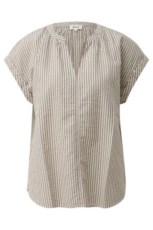 gestreepte top met plooien - beige