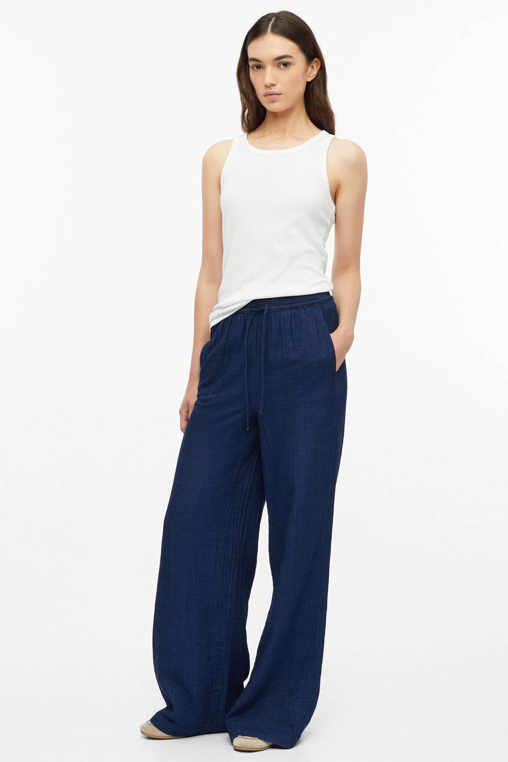 Donkerblauwe dames s.Oliver wide leg broek met high waist, elastische tailleband met koord en effen