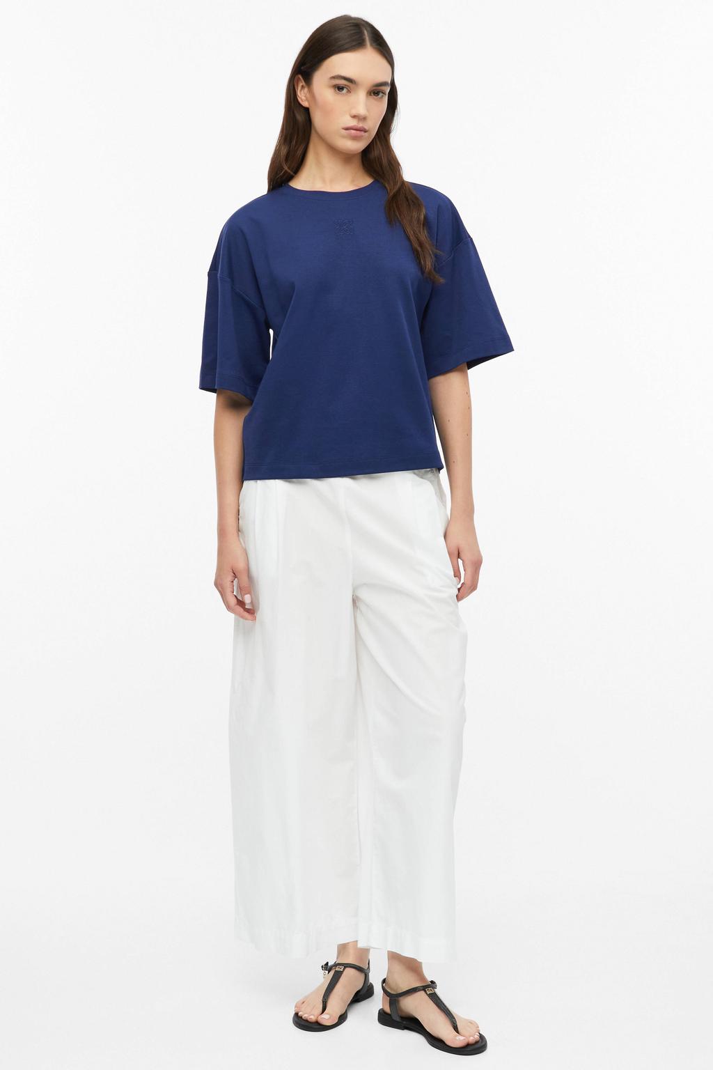 Donkerblauwe dames s.Oliver T-shirt van katoen met effen, korte mouwen en ronde hals