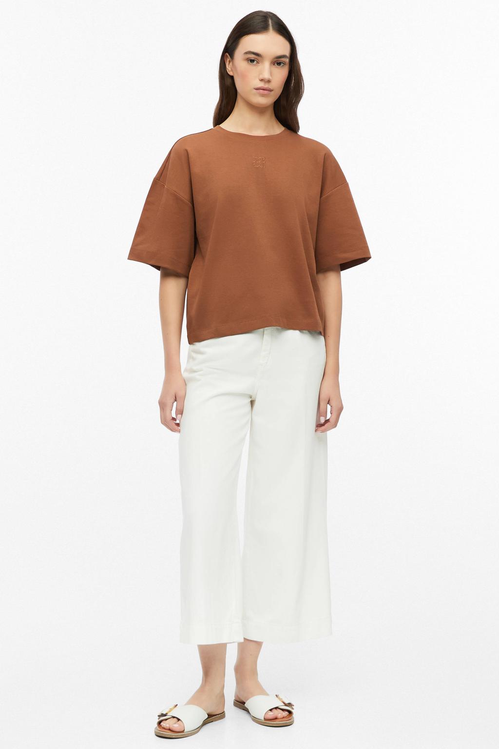 Donker oranje dames s.Oliver T-shirt donkeroranje van katoen met effen, korte mouwen en ronde hals
