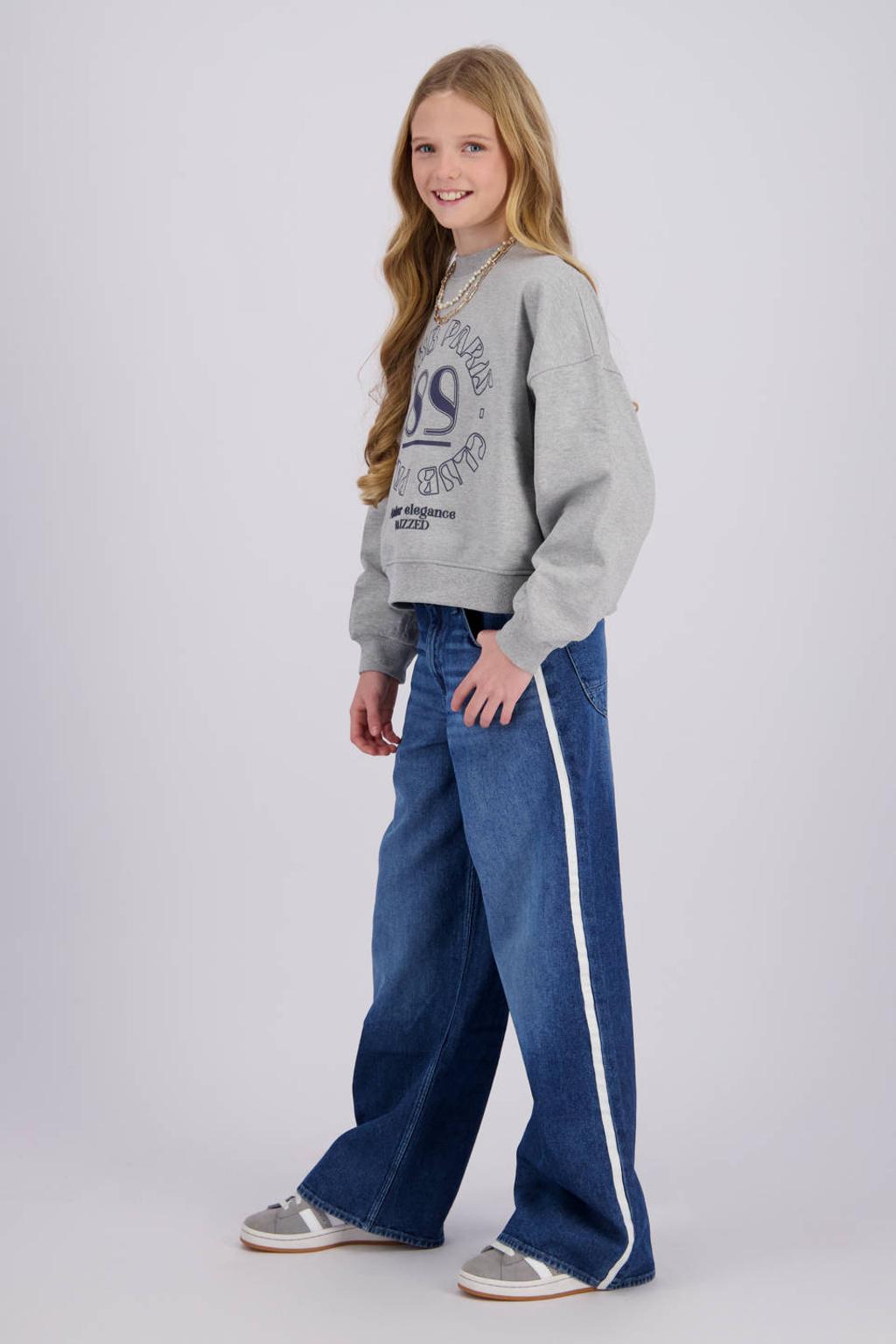 Grijze meisjes Raizzed boxy sweater met tekst print, lange mouwen, ronde hals en geribde boorden