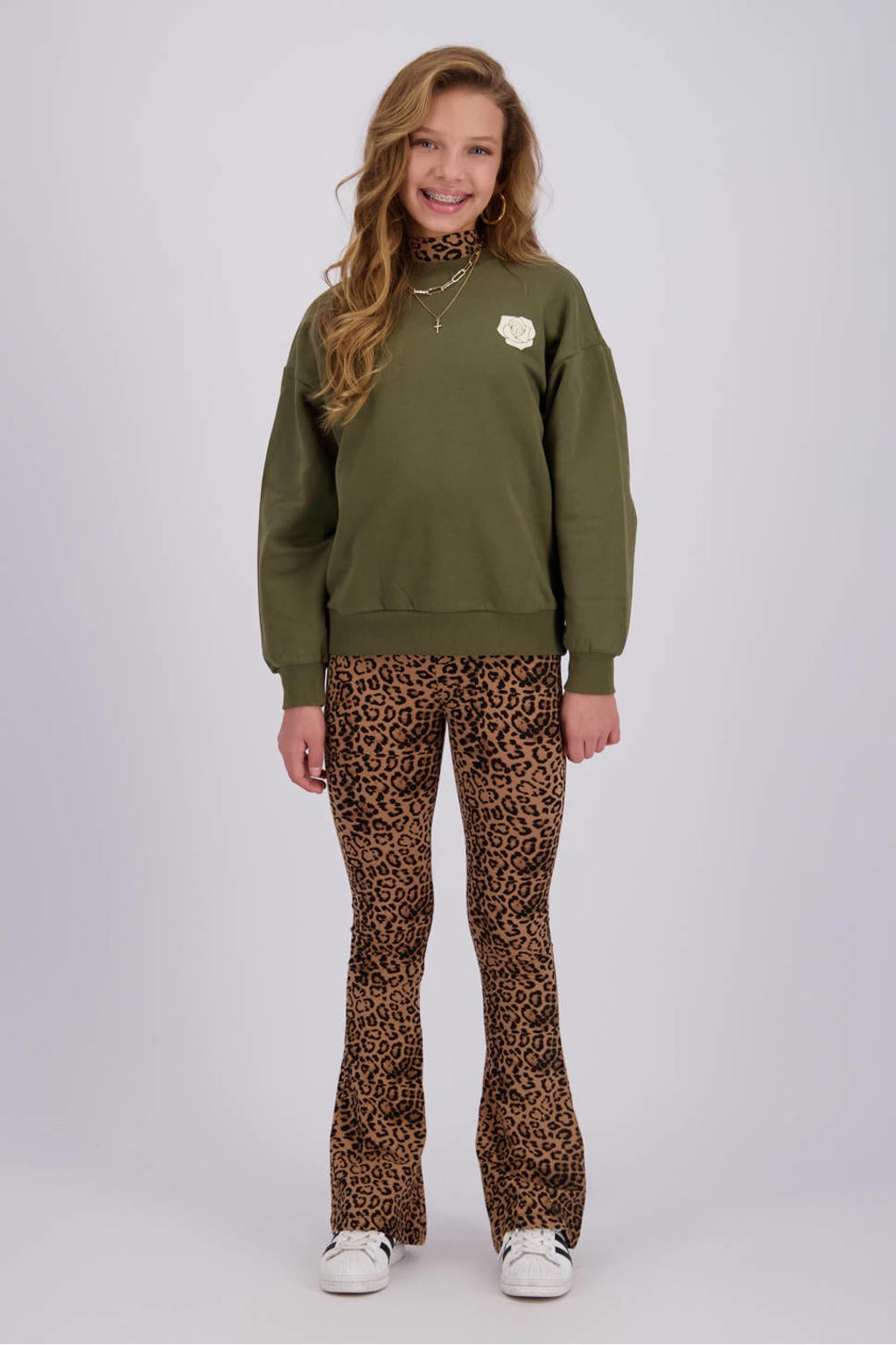Groene meisjes Raizzed van sweat materiaal met backprint, lange mouwen en ronde hals