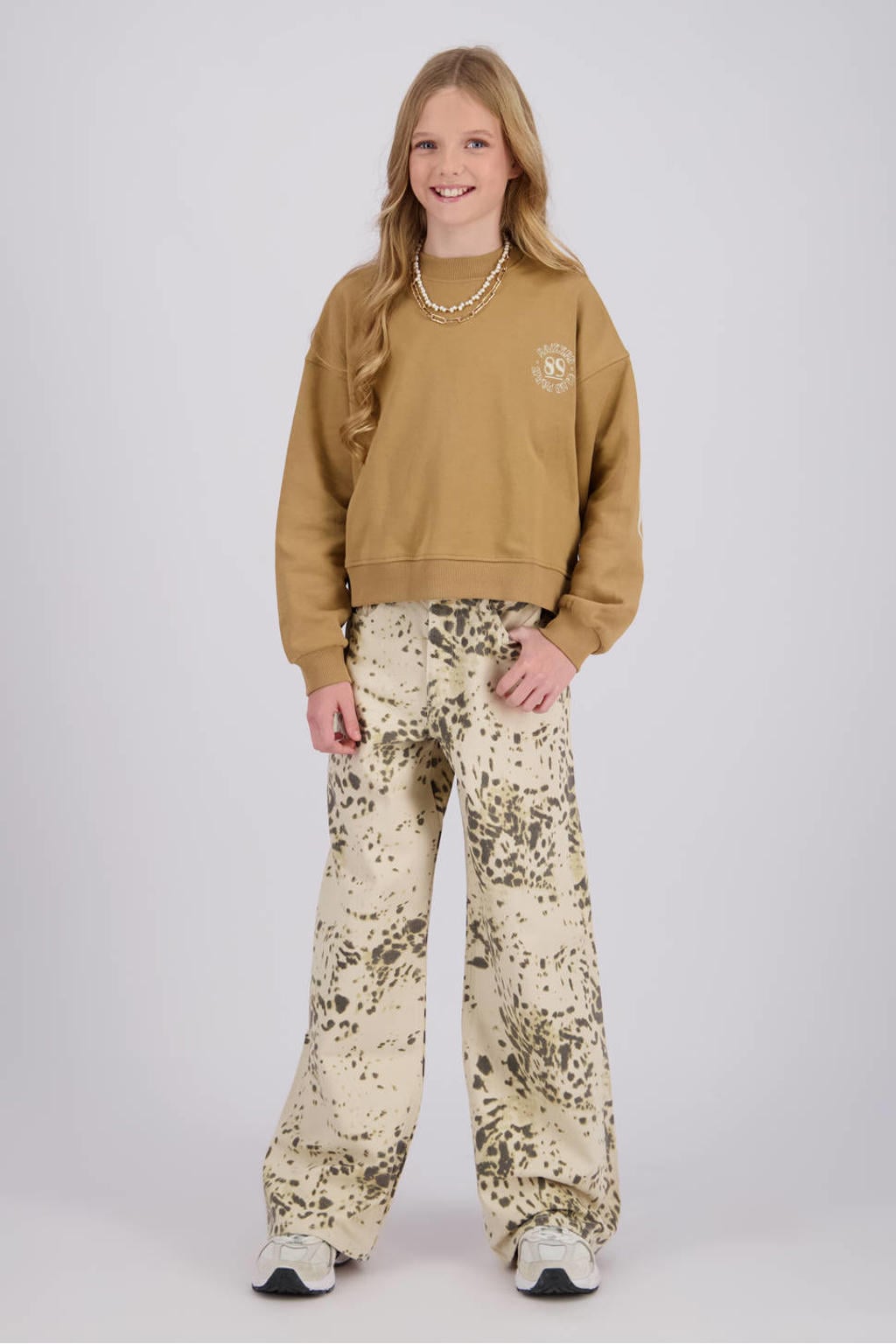 Zand en groene meisjes Raizzed Monaco Animal wide leg jeans van denim met rits- en knoopsluiting
