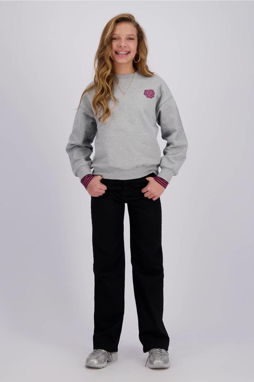 Grijs melange meisjes Raizzed van sweat materiaal met backprint, lange mouwen en ronde hals