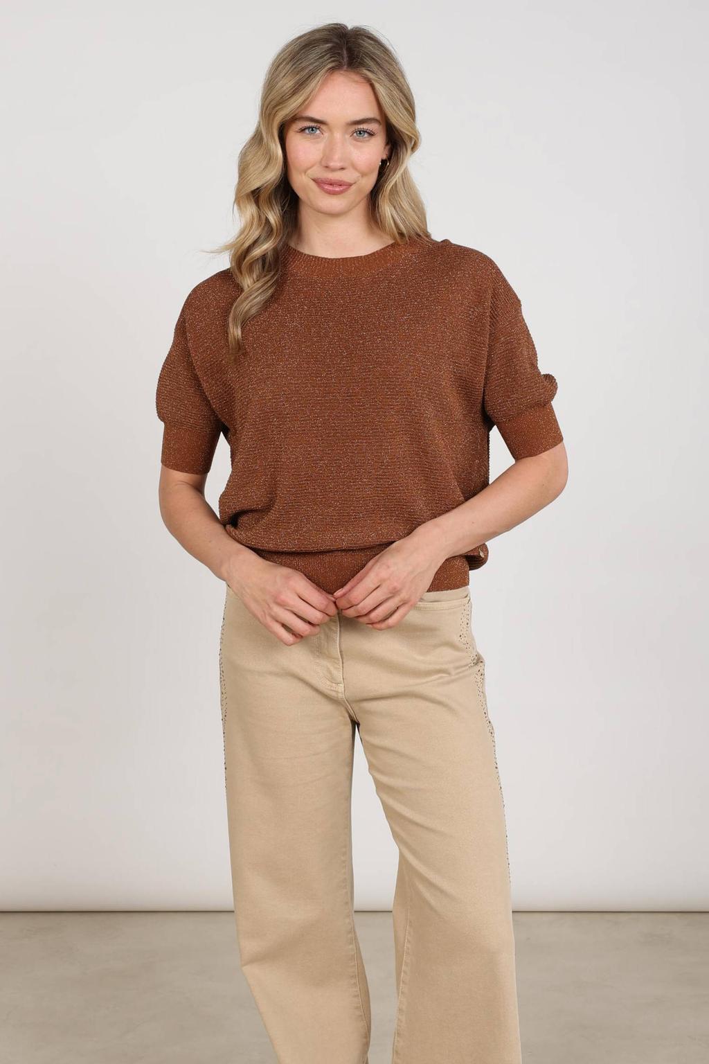 Bruine dames NUKUS top van viscose met effen, korte mouwen, ronde hals en glitters