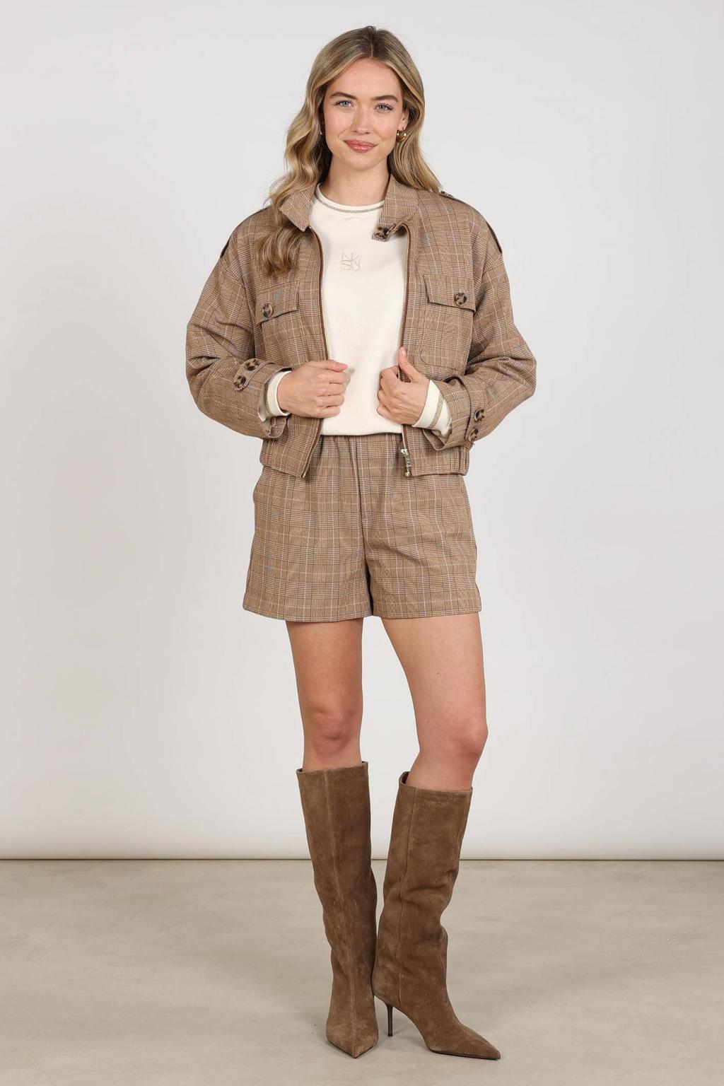 Bruin en ecru dames NUKUS geruite jacket van polyester met lange mouwen en klassieke kraag