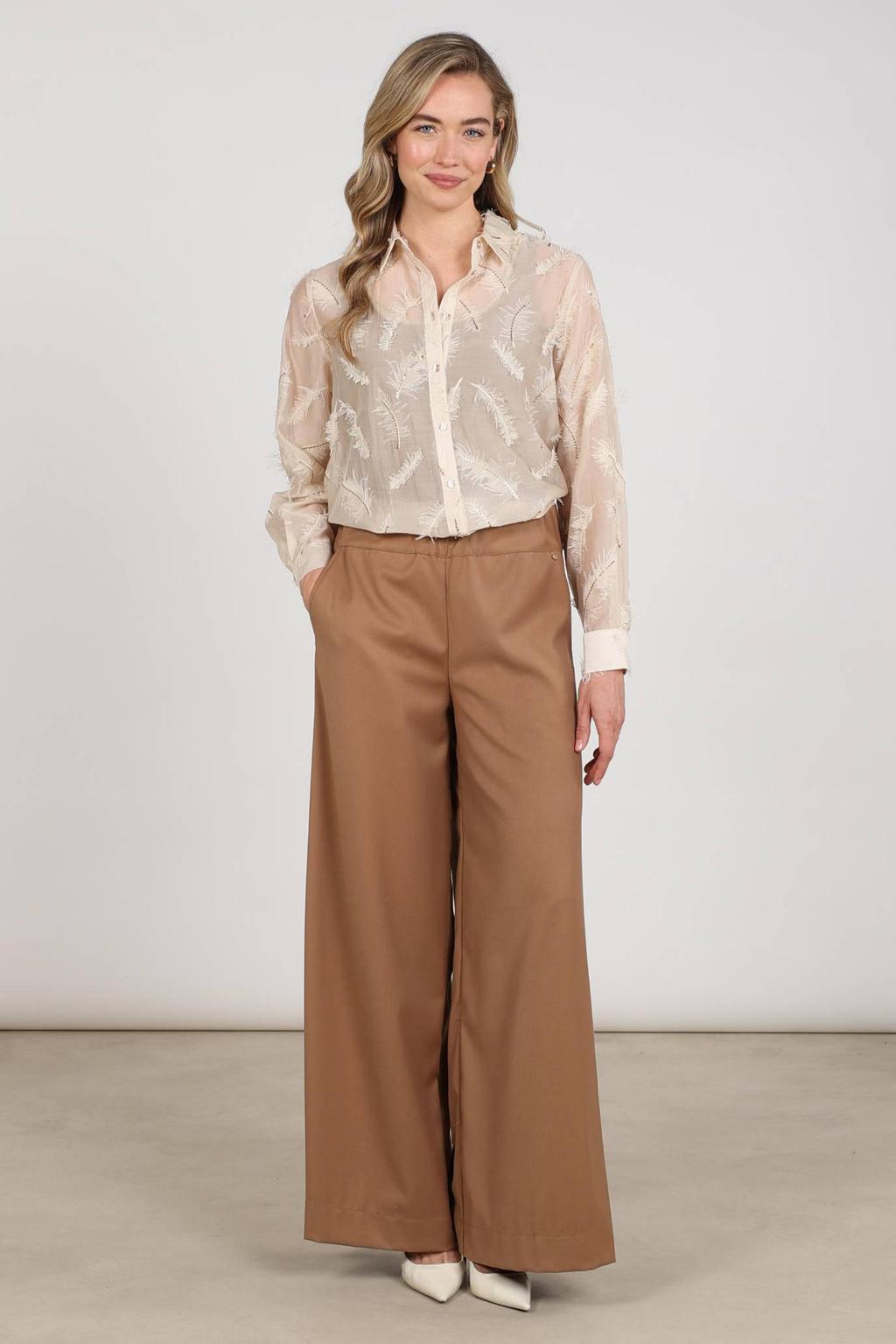 Beige dames NUKUS blouse van lyocell met lange mouwen, klassieke kraag en knoopsluiting