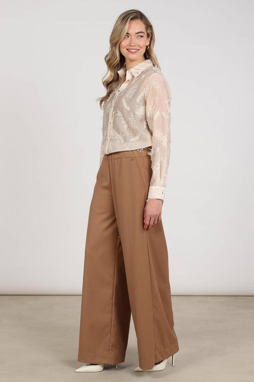 Camelkleurige dames NUKUS wide leg broek met high waist, elastische inzet en effen