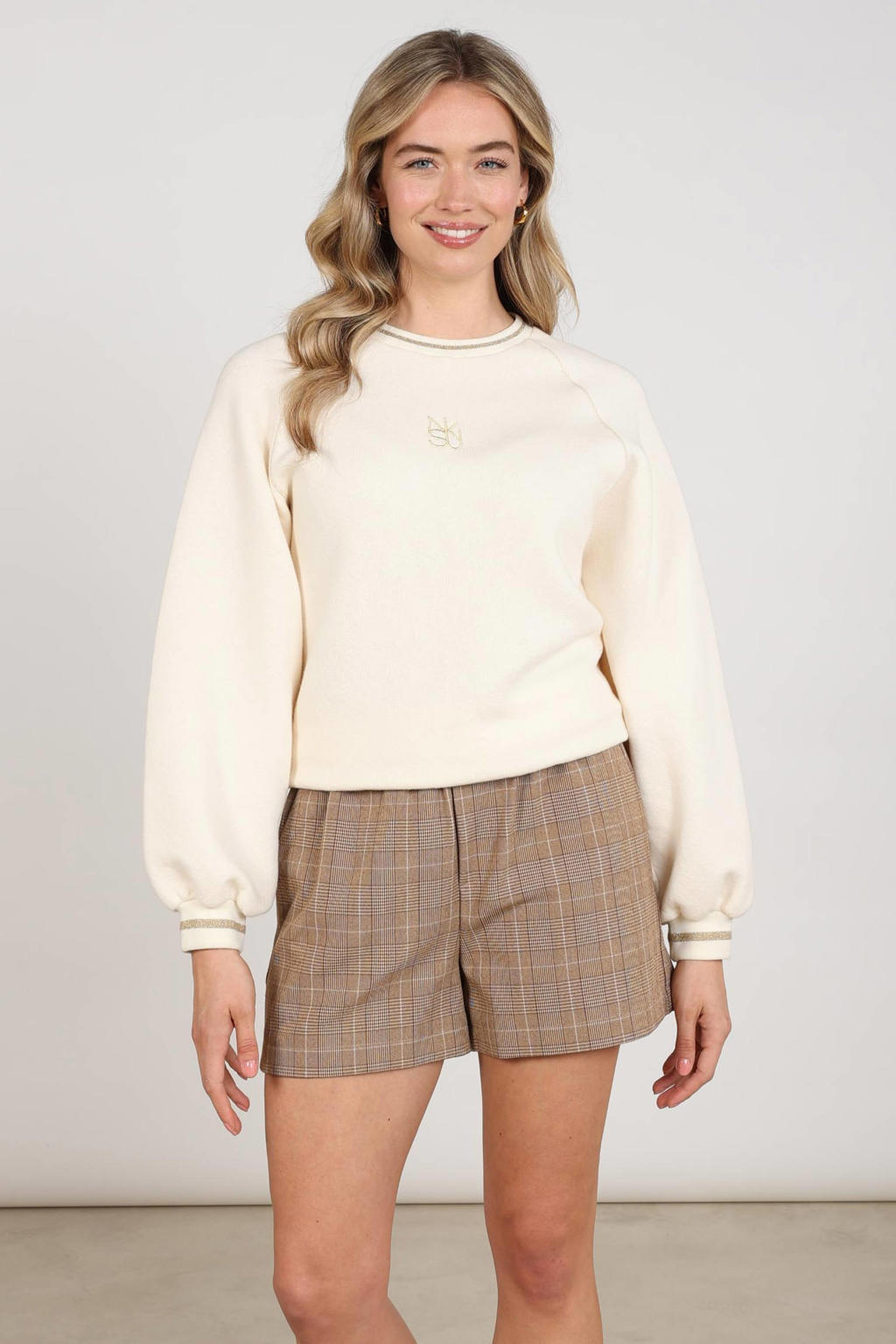 Ecru en lichtbruine dames NUKUS sweater en logo met lange mouwen, ronde hals en borduursels