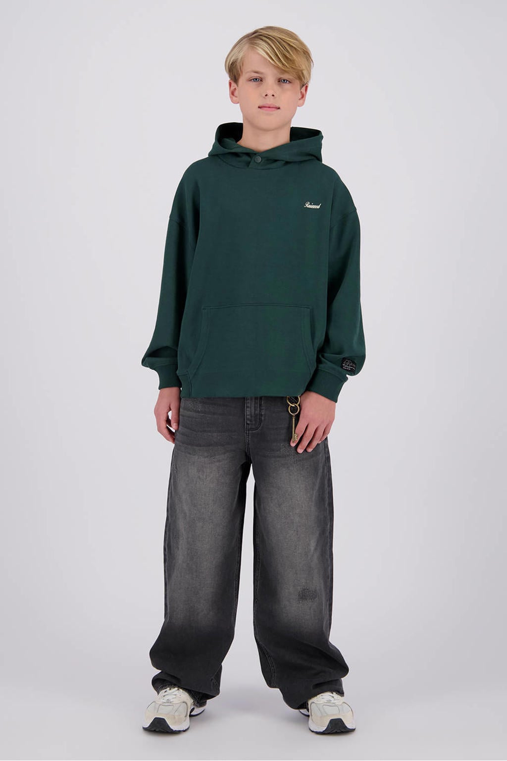 Donkergroene meisjes Raizzed van sweat materiaal met backprint, lange mouwen, capuchon en geribde boorden