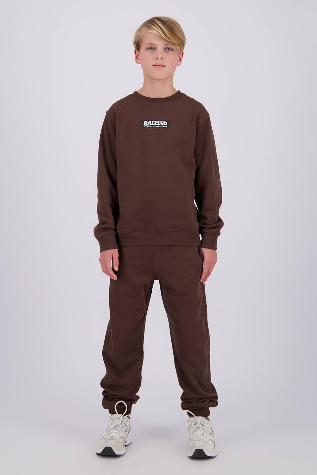 Bruine jongens Raizzed rechtvallende sweater met logo dessin, lange mouwen, ronde hals en geribde boorden
