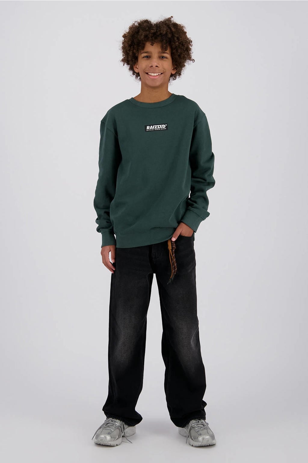 Donkergroene jongens Raizzed rechtvallende sweater van katoen met logo dessin, lange mouwen en ronde hals