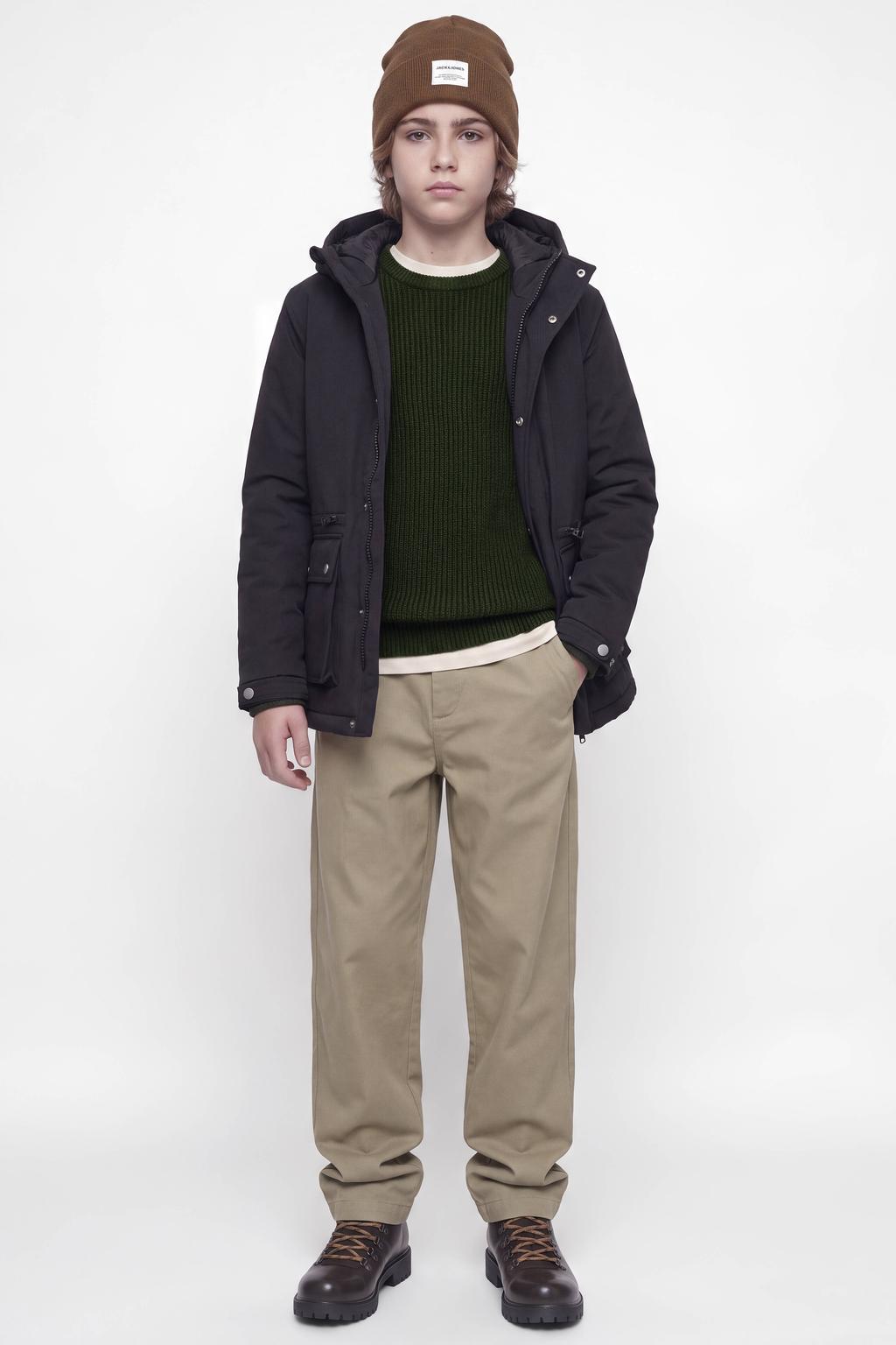 Donkergroene jongens JACK & JONES JUNIOR gebreide trui van acryl met effen, lange mouwen en ronde hals
