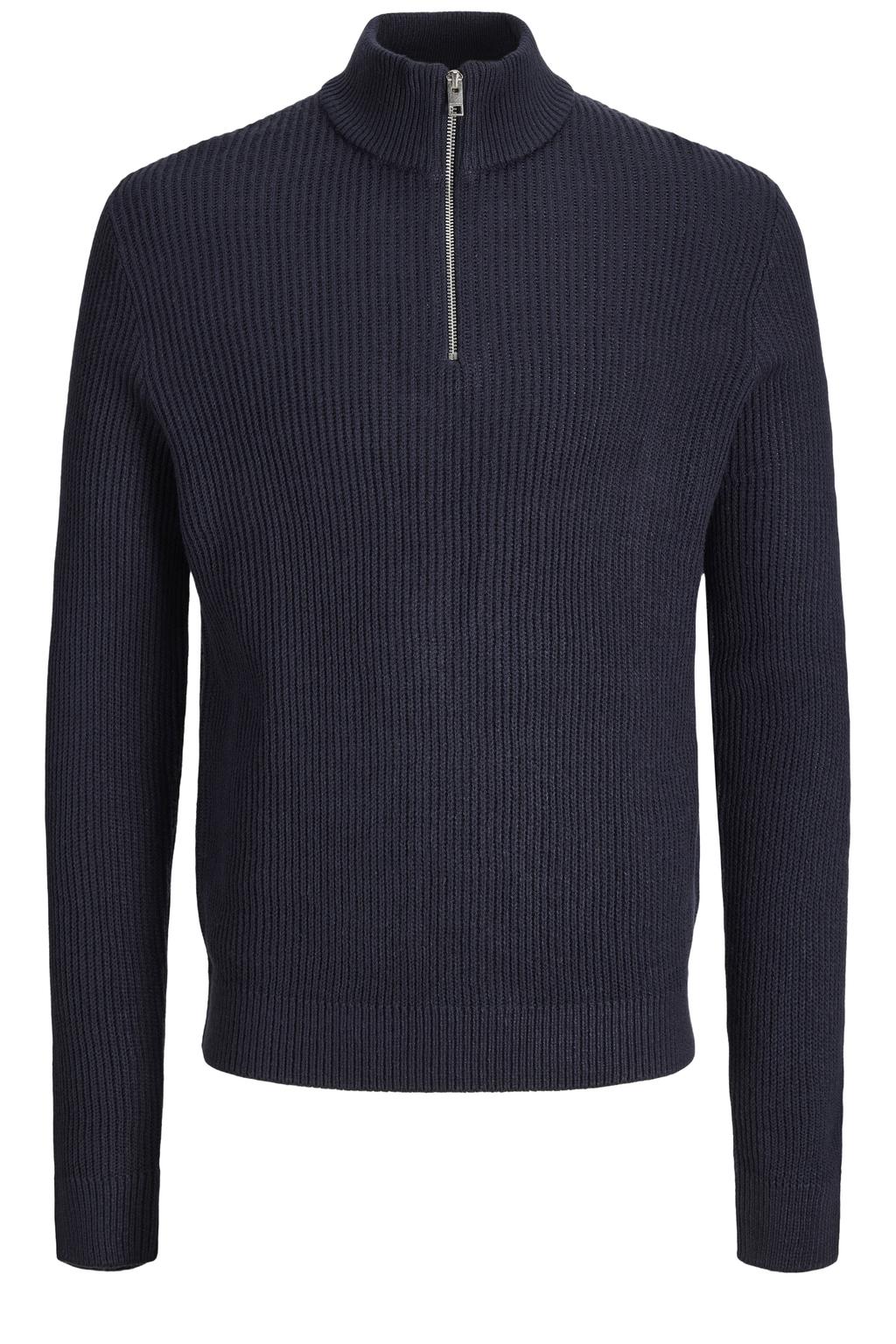Donkerblauwe jongens JACK & JONES JUNIOR gebreide schipperstrui van acryl met effen, lange mouwen, opstaande kraag en halve rits