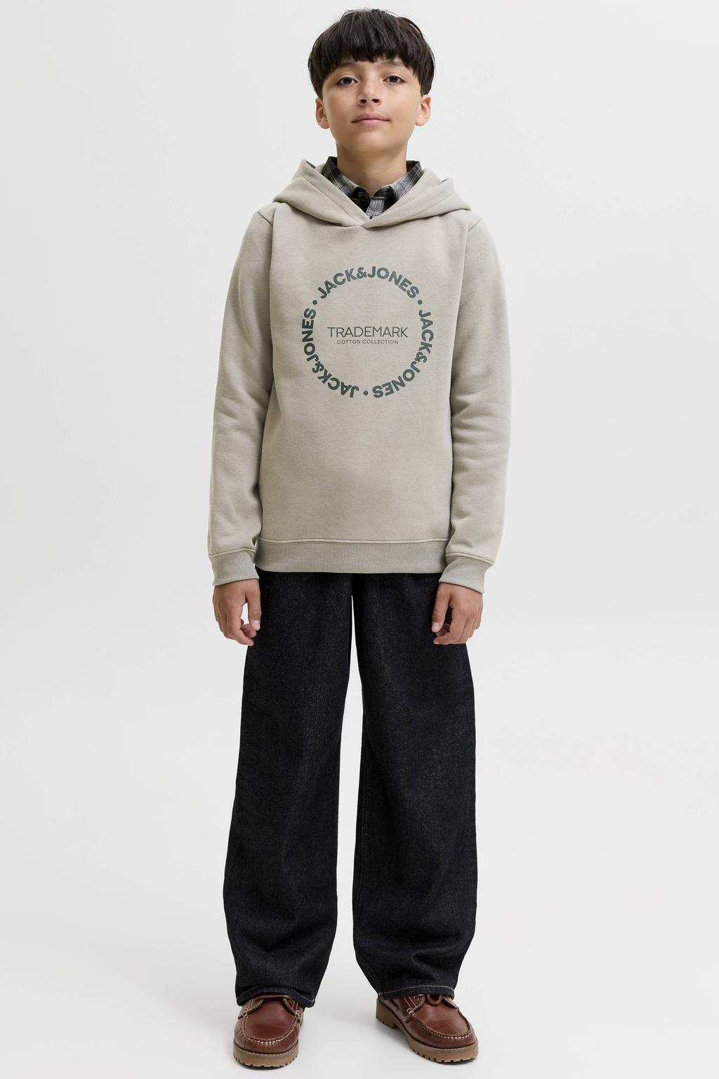 Grijsgroene jongens JACK & JONES JUNIOR sweater groen met logo dessin, lange mouwen en capuchon