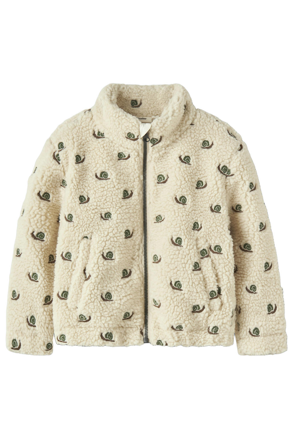 LIL' ATELIER MINI teddy jas met borduursels en print - ecru