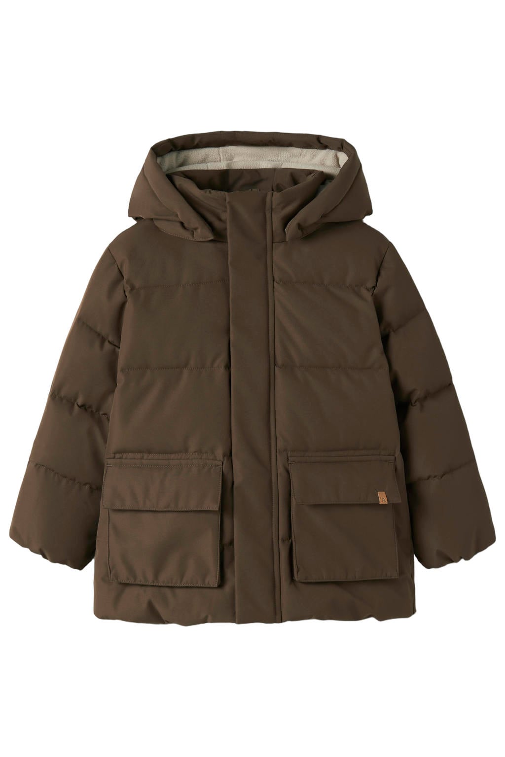 Donkerblauwe jongens LIL' ATELIER MINI gewatteerde winterjas van polyester met effen, lange mouwen, capuchon en ritssluiting