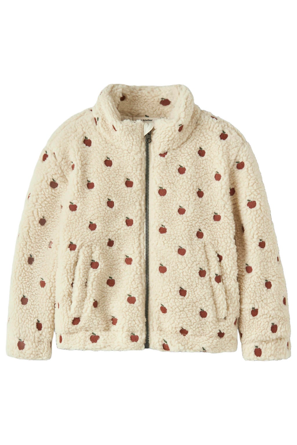 Ecru en donkerrode meisjes LIL' ATELIER MINI teddy jas en print met lange mouwen, opstaande kraag en borduursels