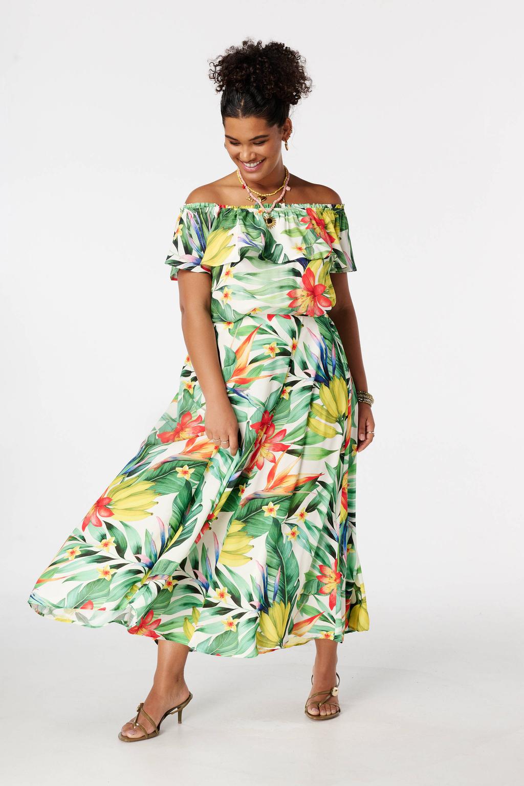 Groen en gele dames MS Mode off shoulder rechtvallende top Plus Size van viscose met bladprint, korte mouwen, klassieke kraag en ruches