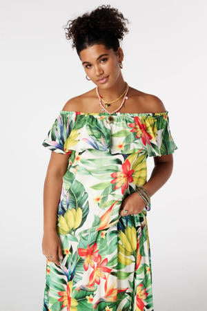 off shoulder rechtvallende top met ruches Plus Size - groen