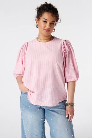 rechtvallend gestreepte blousetop met cut-out Plus Size - lichtroze