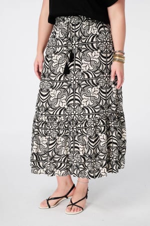 viscose uitlopend midi rok Plus Size met print - zwart