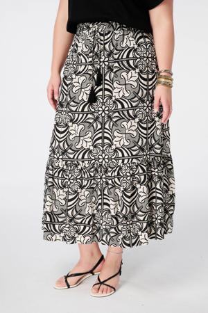 viscose uitlopend midi rok Plus Size met print - zwart