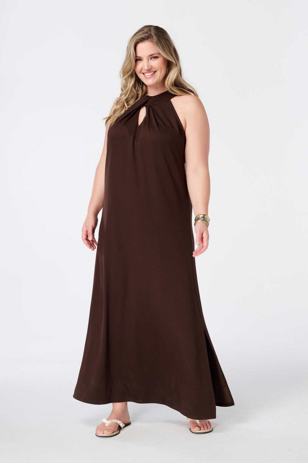 Donkerblauwe dames MS Mode a-line maxi jurk Plus Size van viscose met effen, halterkraag en striksluiting
