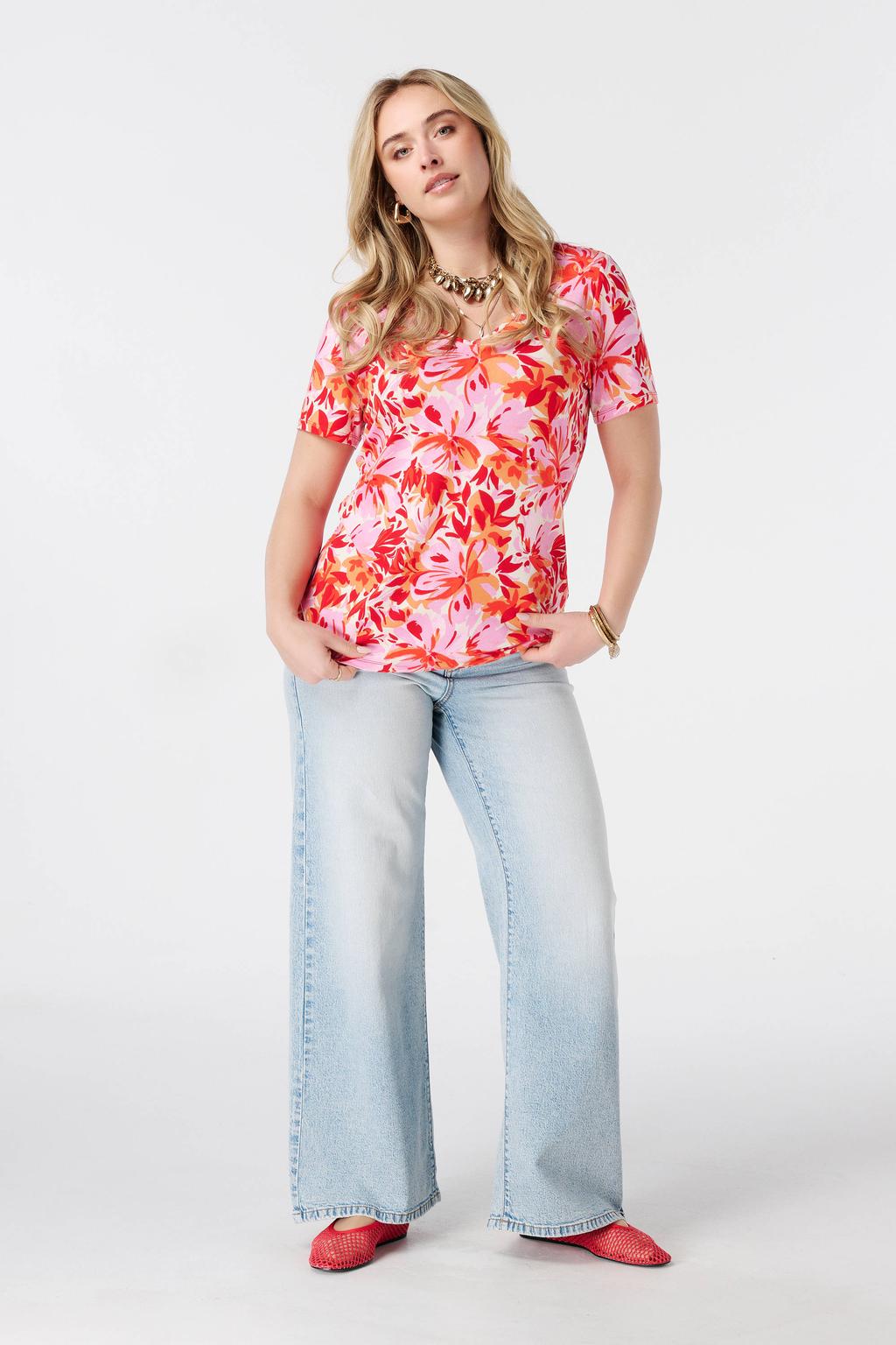 Rood, roze en oranje dames MS Mode gebloemde T-shirt Plus Size van viscose met korte mouwen