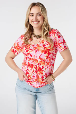gebloemde T-shirt Plus Size - rood