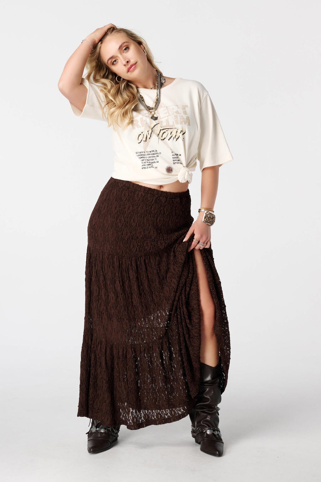Bruine dames MS Mode kanten uitlopend midi rok Plus Size voorzien van elastische tailleband