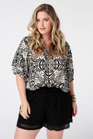 top met print en ruches Plus Size - zwart