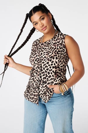 fitted blousetop met panterprint Plus Size - bruin