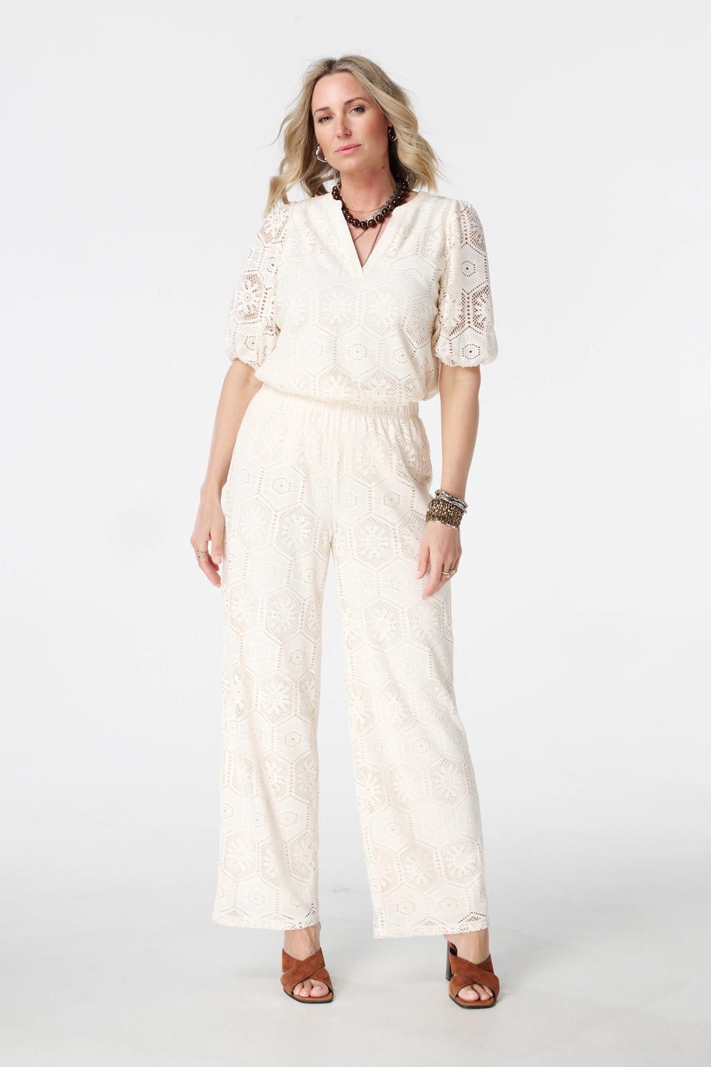Ecru dames MS Mode wide leg gehaakte broek Plus Size met effen
